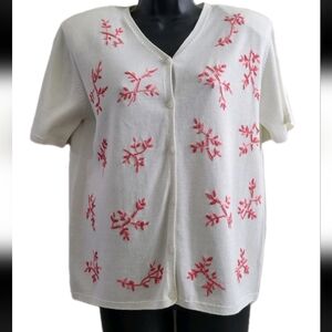 Pendleton Womens Embroidered Pink Leaf Short Sleeve Cardigan Sweater Sz Small